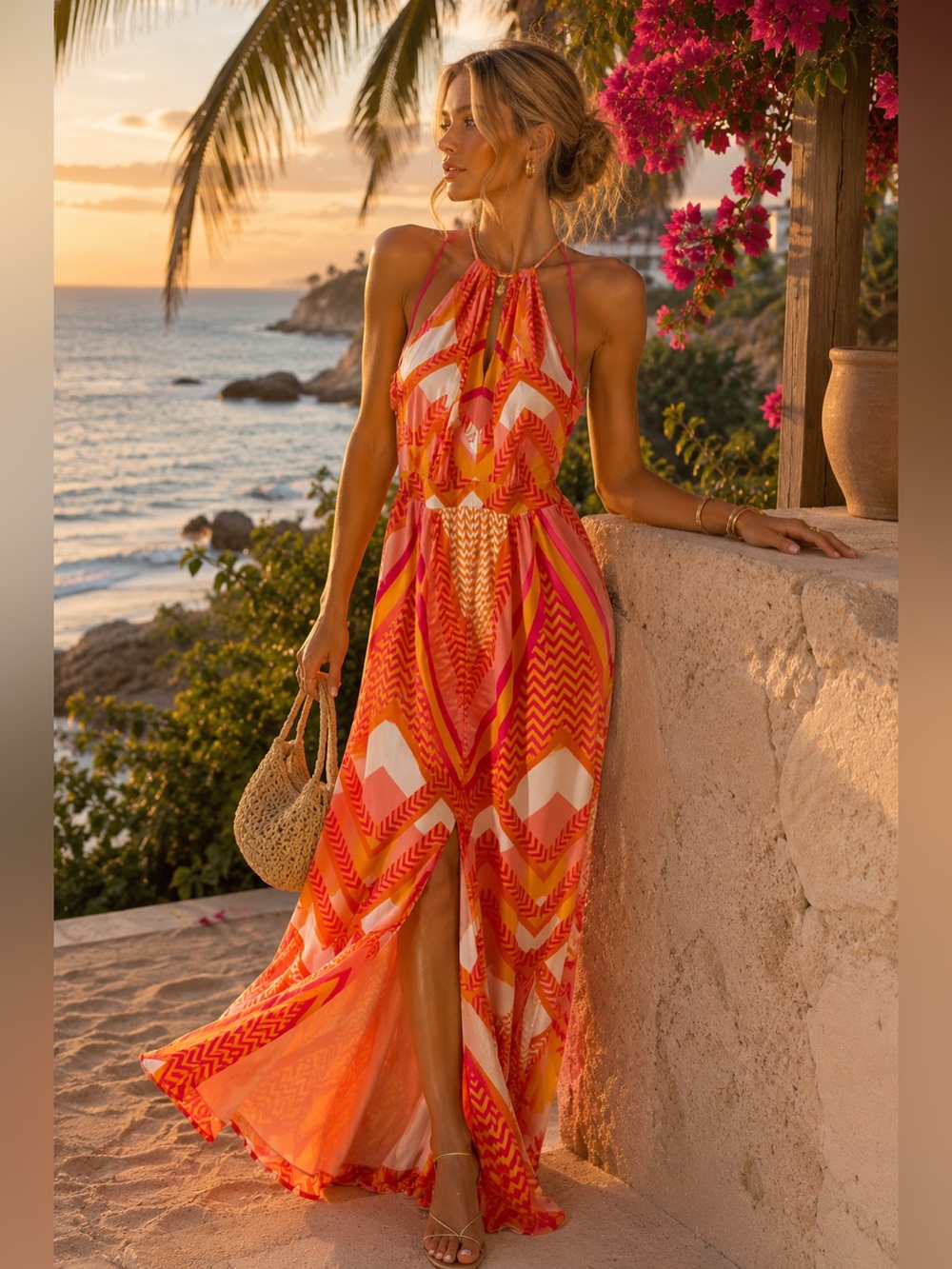 Tori Richard Coral and Pink Geometric Halter Maxi Dress